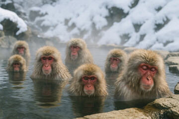 Obraz premium Japanese snow monkeys soaking in steaming hot spring surrounded by snowy rocks, iconic winter wildlife behavior in Japan, generative AI