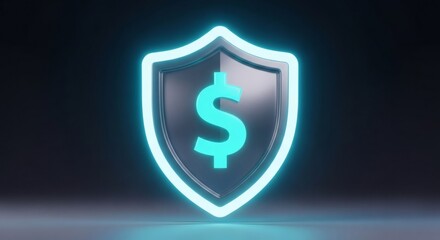 A glowing neon blue shield with a dollar sign, representing the concept of financial security, asset protection, and safe digital transactions