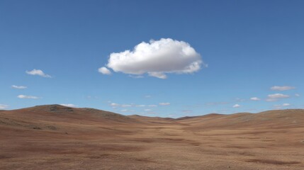 Vast open steppe landscape featuring dry grass hills under a solitary white cloud in a deep blue sky