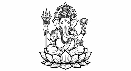 Detailed black and white line art illustration of Hindu god Ganesha sitting on a lotus flower, holding a trident and a lotus, with intricate traditional Indian patterns.