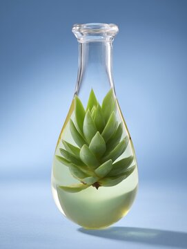 A striking laboratory flask contains a vibrant succulent plant, preserved in a clear liquid against a smooth gradient backdrop, symbolizing scientific progress.