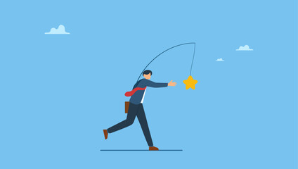 Ambitious businessman running with carrot stick trying to grab star prize award. Motivation to success, incentive or reward to motivate employee, chasing for reward or work success, aspiration.