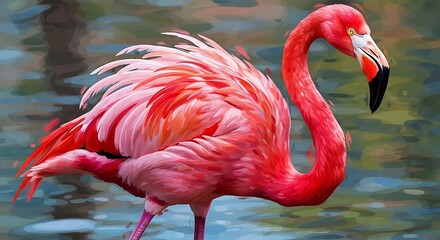 Vibrant pink flamingo stands elegantly in shallow blue water.