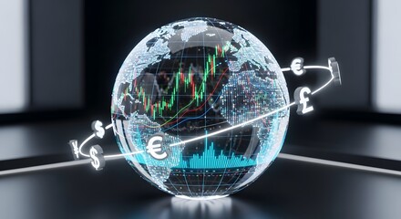 Global financial markets and economic growth, represented by a transparent globe with stock charts and currency symbols