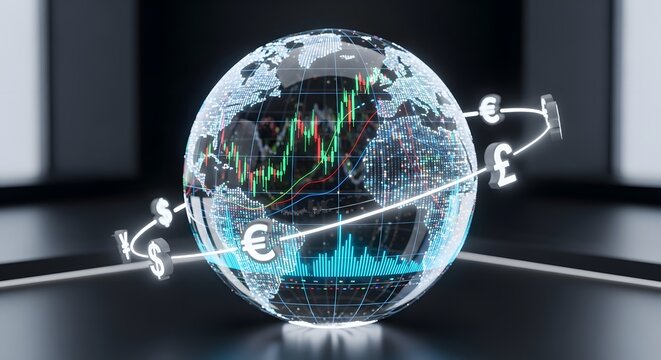 Global financial markets and economic growth, represented by a transparent globe with stock charts and currency symbols