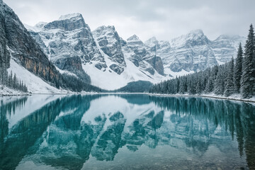 Tranquil turquoise alpine lake reflecting snow-covered mountain peaks and evergreen forest under overcast winter sky, pristine wilderness landscape nature background, generative AI