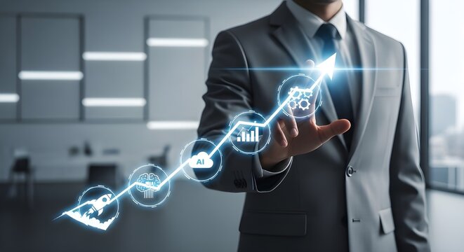 El hombre de negocios toca el crecimiento de la inversi&oacute;n en el lanzamiento de cohetes, la planificaci&oacute;n y el inicio de negocios corporativos con el objetivo de liderar el desarrollo de valor objetivo