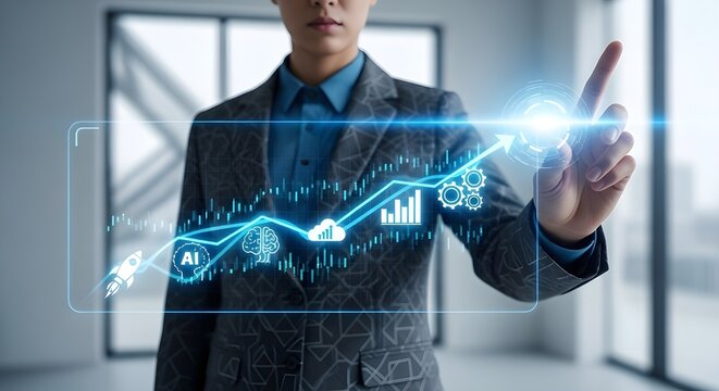 El hombre de negocios toca el crecimiento de la inversi&oacute;n en el lanzamiento de cohetes, la planificaci&oacute;n y el inicio de negocios corporativos con el objetivo de liderar el desarrollo de valor objetivo