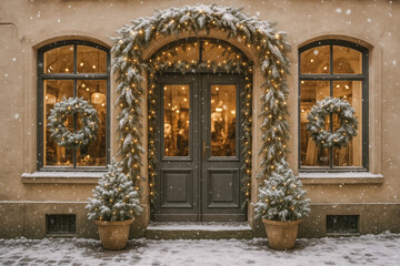 Charming storefront in snowfall, framed with wreaths, garlands and warm lights; inviting European holiday decor — generative AI