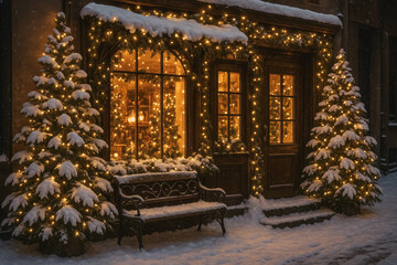 Charming snowy storefront decorated with warm Christmas lights and two fir trees, inviting bench and glowing window display creating cozy holiday street scene, generative AI