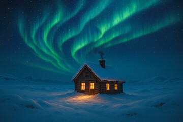Cozy wooden cabin glowing with warm light in deep snowfield under vivid green northern lights and starry winter sky, magical polar night Christmas scene, generative AI