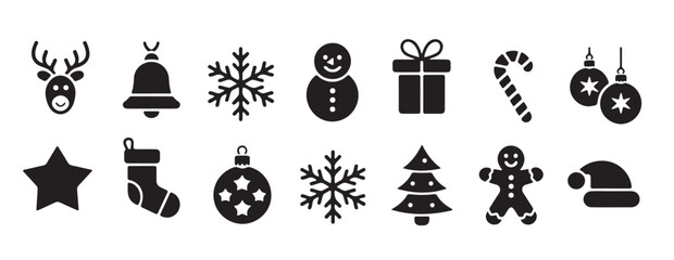 Christmas Icons Set  Black and White Vector Graphics