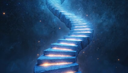 Fototapeta premium Stone stairs ascend into starry night sky, glowing steps lead into cosmos. Concept for evolution, progress, spiritual journey, inspiration, or future tech.