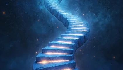 Fototapete Treppen Stone stairs ascend into starry night sky, glowing steps lead into cosmos. Concept for evolution, progress, spiritual journey, inspiration, or future tech.  © miss irine