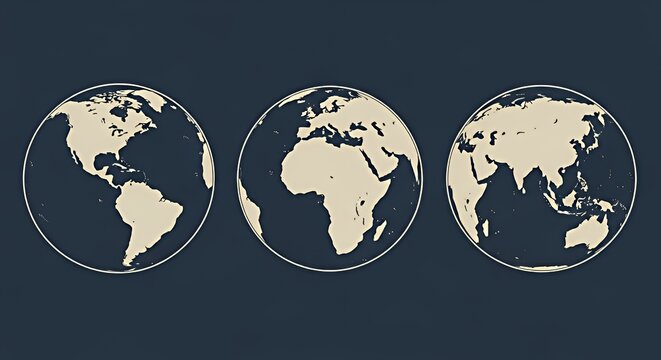 Three Globes with Dark Background Showing World Maps in Neutral Colors