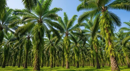 Obraz premium Lush palm trees in a sunny plantation, bright blue sky above