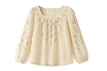 Elegant cream floral blouse, square neckline, transparent background, isolated