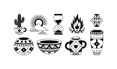 Black and White Tribal-Inspired Icons: Cactus, Sun, Hourglass, Fire, and Pottery