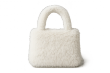 Elegant white faux fur handbag isolated on transparent background, stylish purse