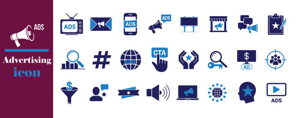 Digital Ads, Communication & Multimedia Icons, Blue Flat Vector Set, vector illustration EPS 10.