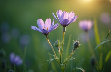 Delicate purple flowers bloom in green meadow at sunrise. Sunlight gently shines on translucent petals, new fuzzy buds. Spring wild flora grows vibrant in nature. Golden hour light creates soft