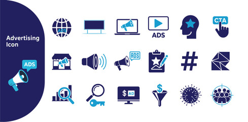 Digital Campaign, Branding & Marketing Strategy Icons,  Blue Vector Collection.
