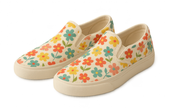 Pair of floral pattern slip-on shoes isolated on transparent background, cute style