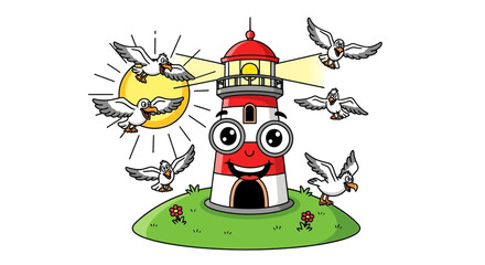 A cheerful cartoon lighthouse with a friendly face, red and white stripes, stands on a green island with flowers, surrounded by flying seagulls and a shining sun.