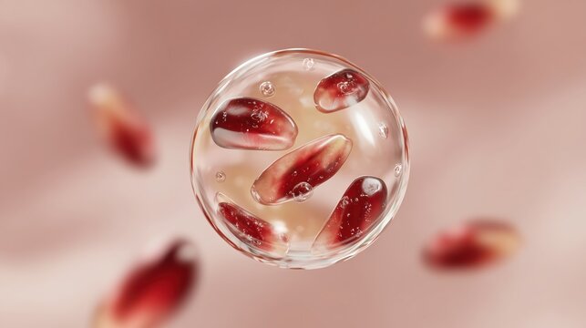 A cluster of glistening pomegranate arils encapsulated within a water droplet, embodying freshness and the essence of the fruit.