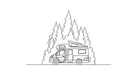 Fototapeta premium A continuous line art drawing of a camper van parked in a forest with tall pine trees, depicting a minimalist outdoor adventure scene.