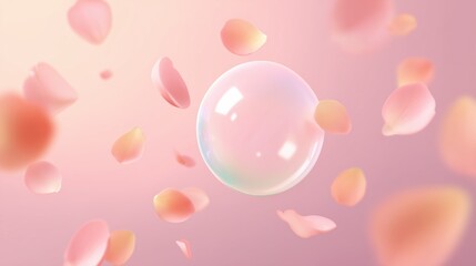 A delicate soap bubble amidst gently falling petals, creating a soft and dreamy ambiance. 