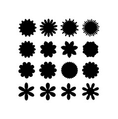 Collection of 16 Black Silhouettes of Various Flower Shapes on White Background
