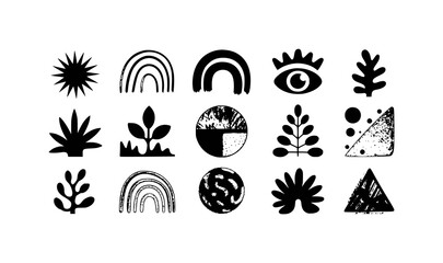 Collection of Abstract Black and White Graphic Icons: Nature, Symbols, and Geometric Shapes