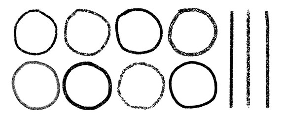 Hand Drawn Enso Circle Brushstrokes. Asian Calligraphy Lines, Grungy Borders & Abstract Artistic Elements on White Background