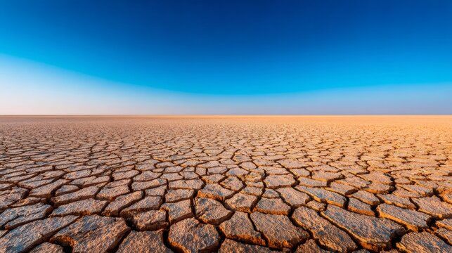 Arid cracked earth under a clear blue sky, depicting drought, climate change and desertification