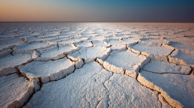 Cracked salt flat surface with dry earth showing drought and global warming impact, desert landscape at sunset