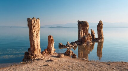 Fototapeta premium Mono Lake tufa towers standing in the water and along the shore, creating a unique desert landscape in California