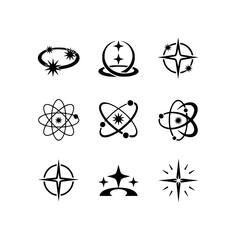 Collection of Black and White Atomic and Starburst Icons on White Background