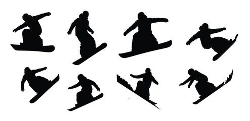 collection of snowboarder silhouettes isolated on white