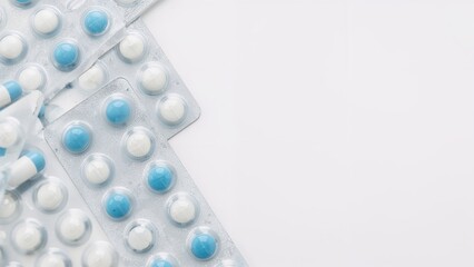White and colored pills and tablets scattered on light background, creating bright medical and pharmacy backdrop