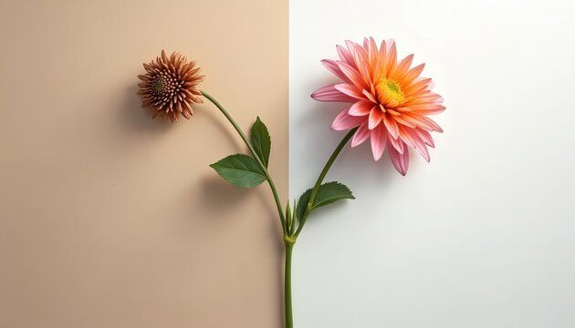 Two flowers contrast wilting brown bloom and vibrant pink orange blossom. One plant shows decay other shows life and growth. Nature duality concept.