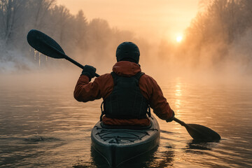 Lone kayaker paddling on misty winter river at sunrise, orange light glowing through fog as icicles drip from paddle, peaceful cold adventure, generative AI
