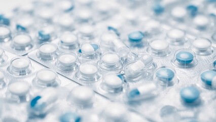 White and colored pills and tablets scattered on light background, creating bright medical and pharmacy backdrop
