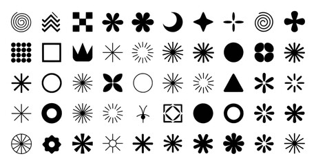 Collection of Black and White Geometric and Abstract Icons on White Background