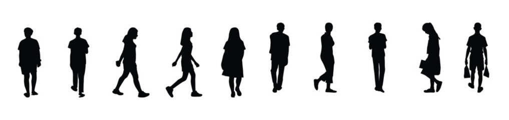 Collection people silhouettes walking, Men and women vector on white background vector