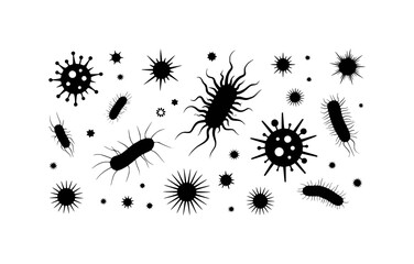 Black and white illustration of various bacteria and viruses on a white background