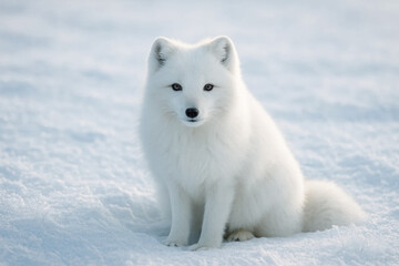 Naklejka premium Cute white arctic fox sitting calmly on snowy field, minimal winter wildlife scene highlighting polar adaptation and fragile nature – generative AI