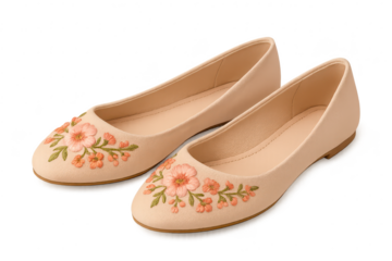 Elegant beige floral embroidered ballerina shoes isolated on transparent background