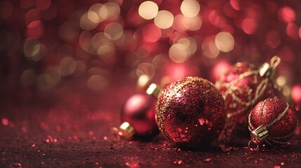 Christmas background with red ornaments, ribbons, and sparkling bokeh lights, perfect for holiday cards, greetings, invitations, and seasonal design projects.