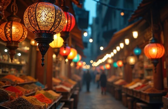Ornate hanging lanterns glow in a vibrant outdoor market alleyway. Colorful spices are displayed on stalls along a bustling street. Traditional eastern bazaar atmosphere.